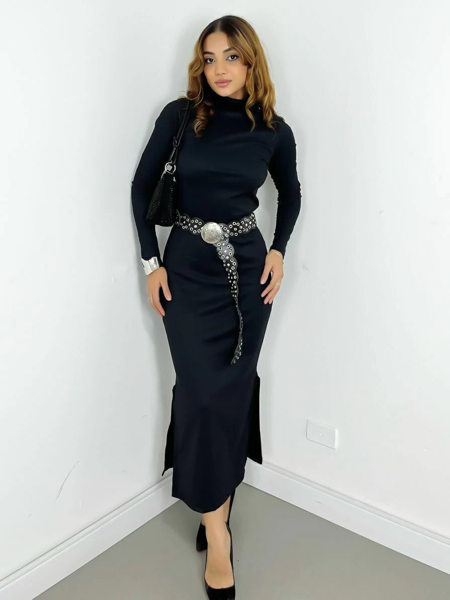 Vestido Feminino Midi em Ribana Manga Longa com Gola