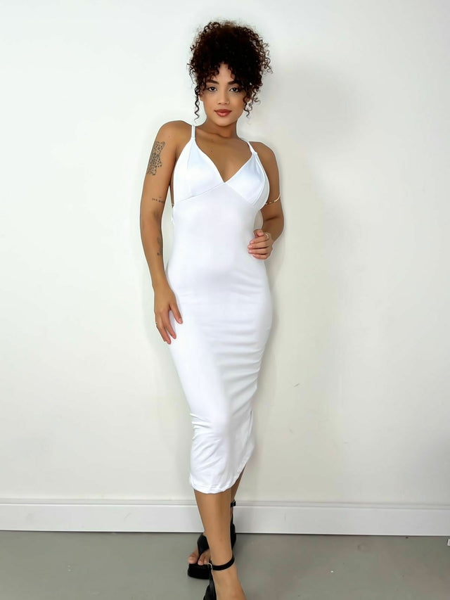 Vestido Feminino Midi em Suplex Alça Cruzada e Costas Nua