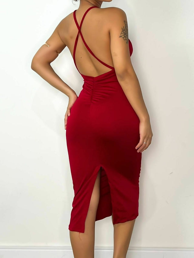 Vestido Feminino Midi em Suplex Alça Cruzada e Costas Nua