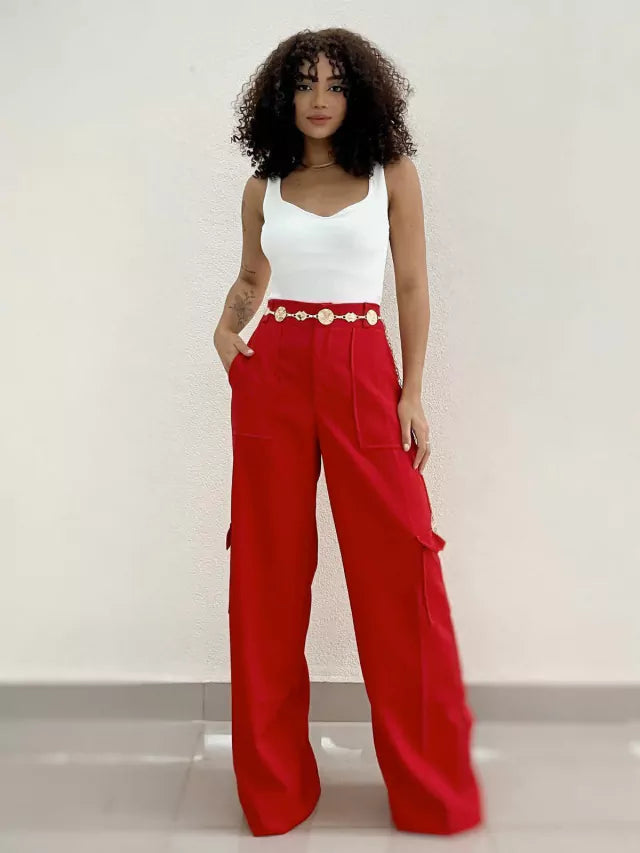 Calça Feminina Alfaiataria Pantalona Cargo