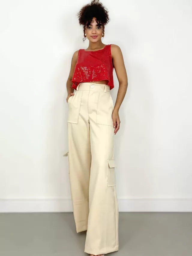 Calça Feminina Alfaiataria Pantalona Cargo