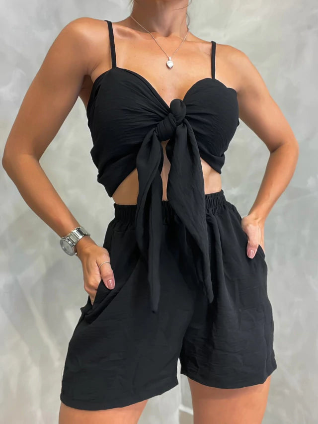 Conjunto Feminino Duna Short e Cropped de Alça e Amarração