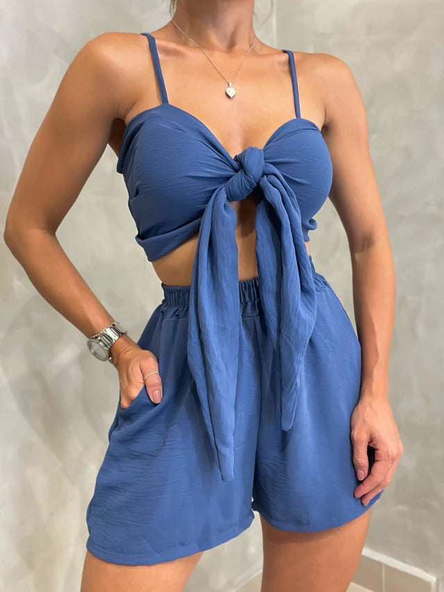 Conjunto Feminino Duna Short e Cropped de Alça e Amarração