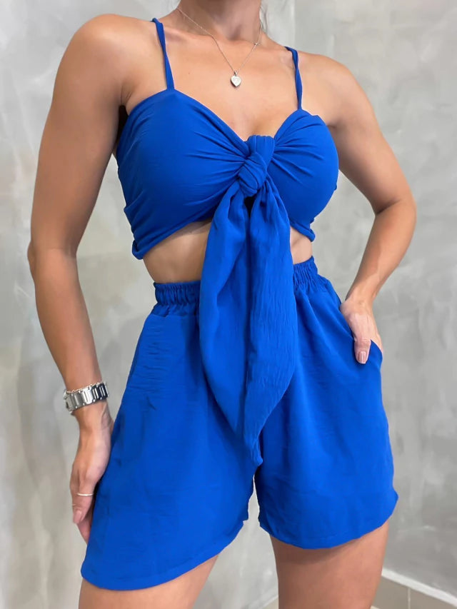 Conjunto Feminino Duna Short e Cropped de Alça e Amarração