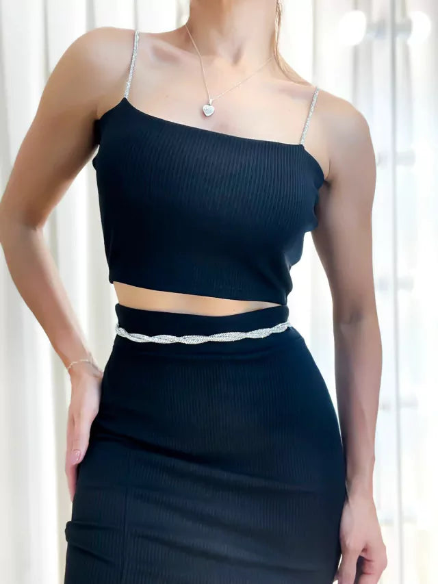 Conjunto Feminino em Anarruga Saia Midi e Cropped de Alça com Brilho