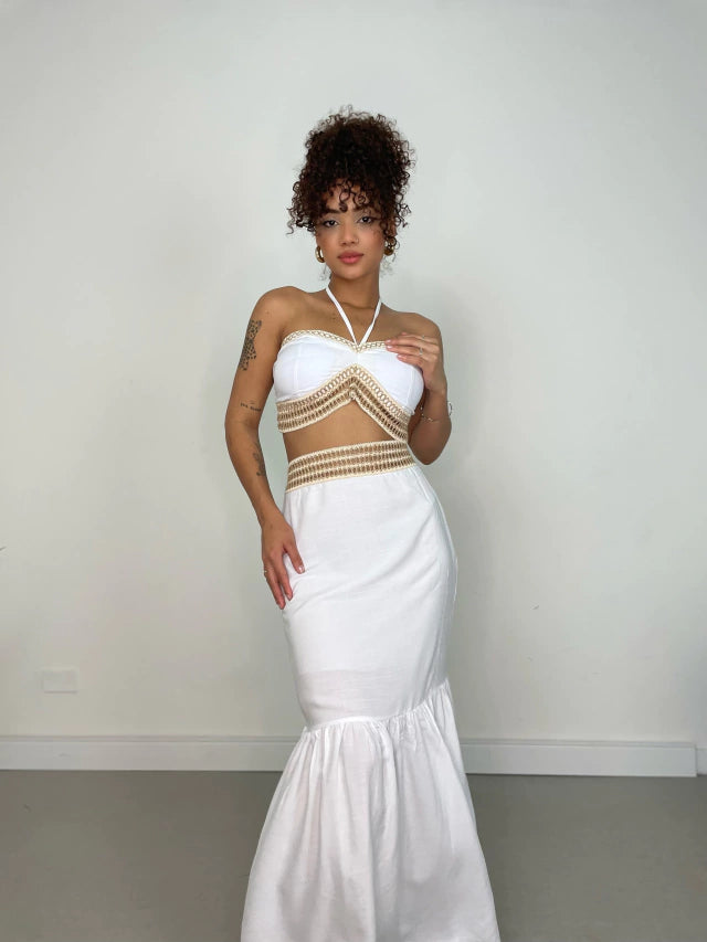 Conjunto Feminino em Viscolinho Saia Longa e Cropped Amarração