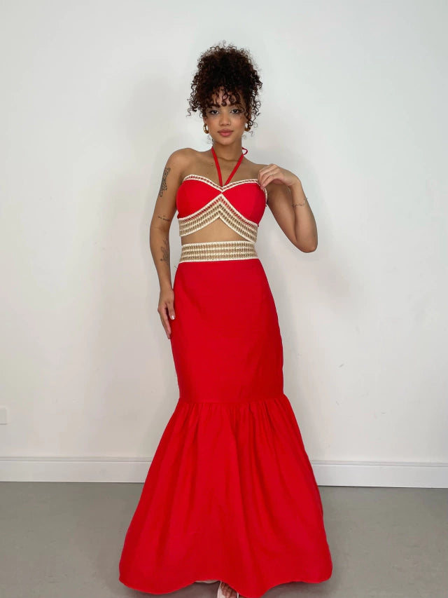 Conjunto Feminino em Viscolinho Saia Longa e Cropped Amarração