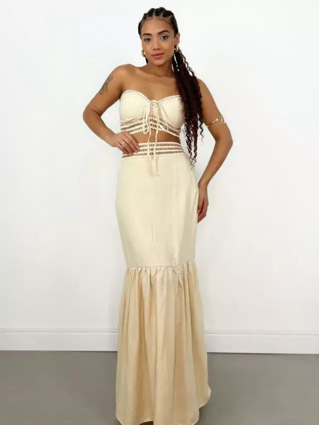 Conjunto Feminino em Viscolinho Saia Longa e Cropped Amarração