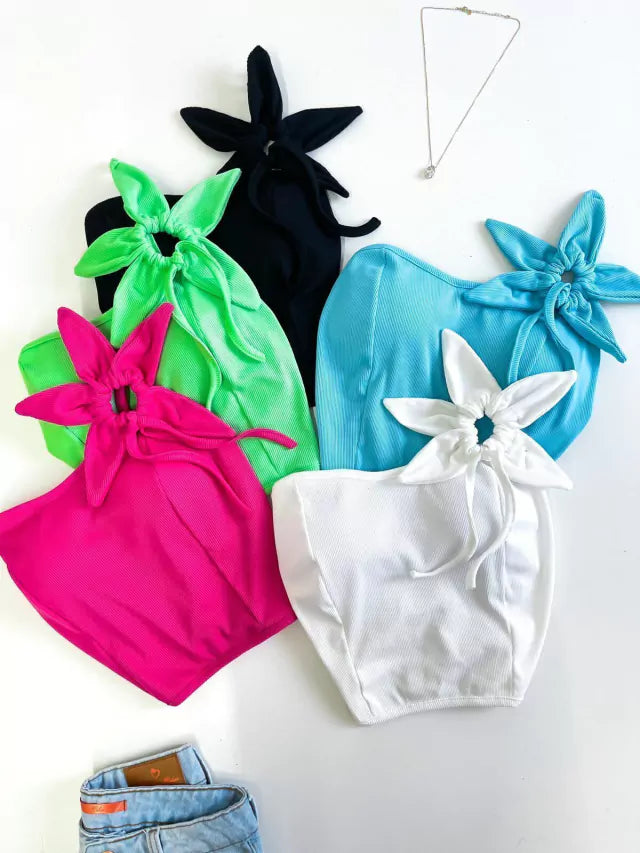 Cropped Feminino Ribana Alça Única Flor Amarração
