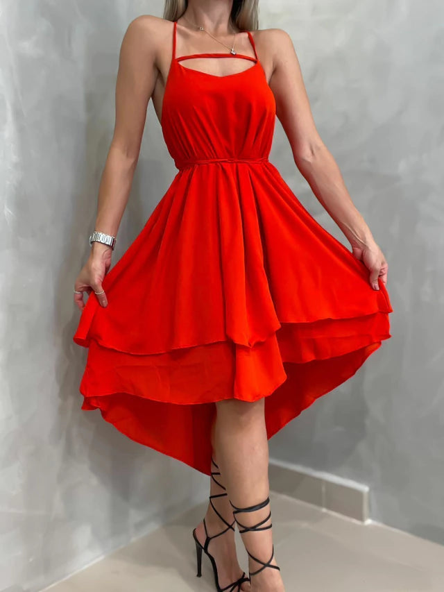 Vestido Feminino Curto em Crepe Frente Única com Babado