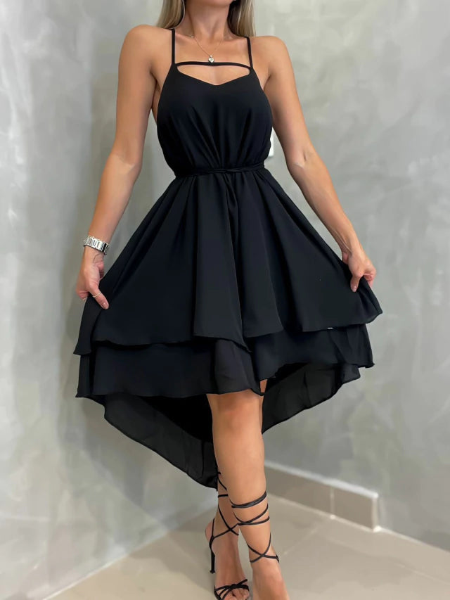 Vestido Feminino Curto em Crepe Frente Única com Babado