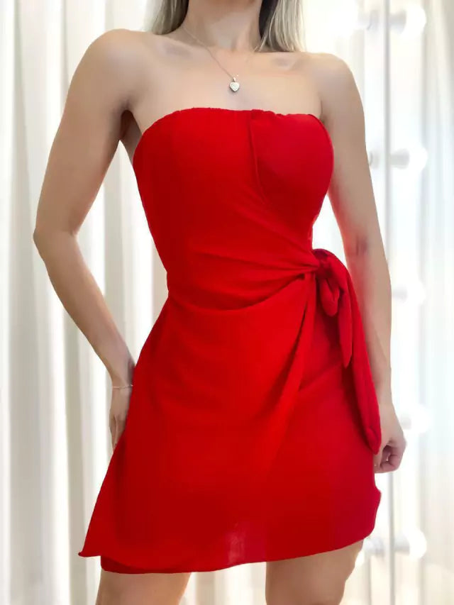 Vestido Feminino Curto em Duna sem Alça Transpassado