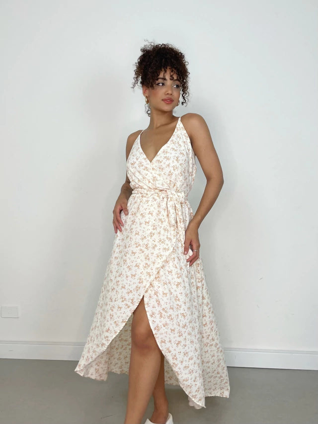 Vestido Feminino Longo de Alça Transpassado Estampado