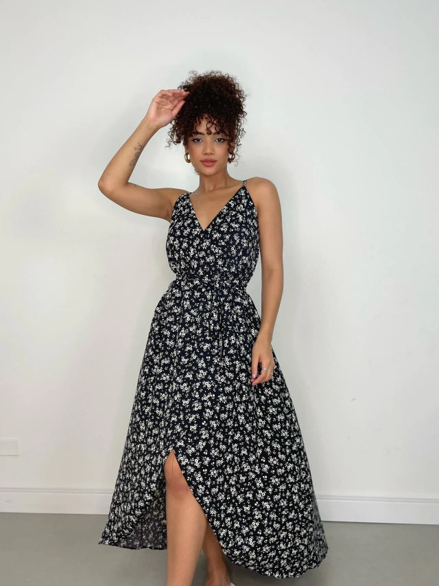 Vestido Feminino Longo de Alça Transpassado Estampado