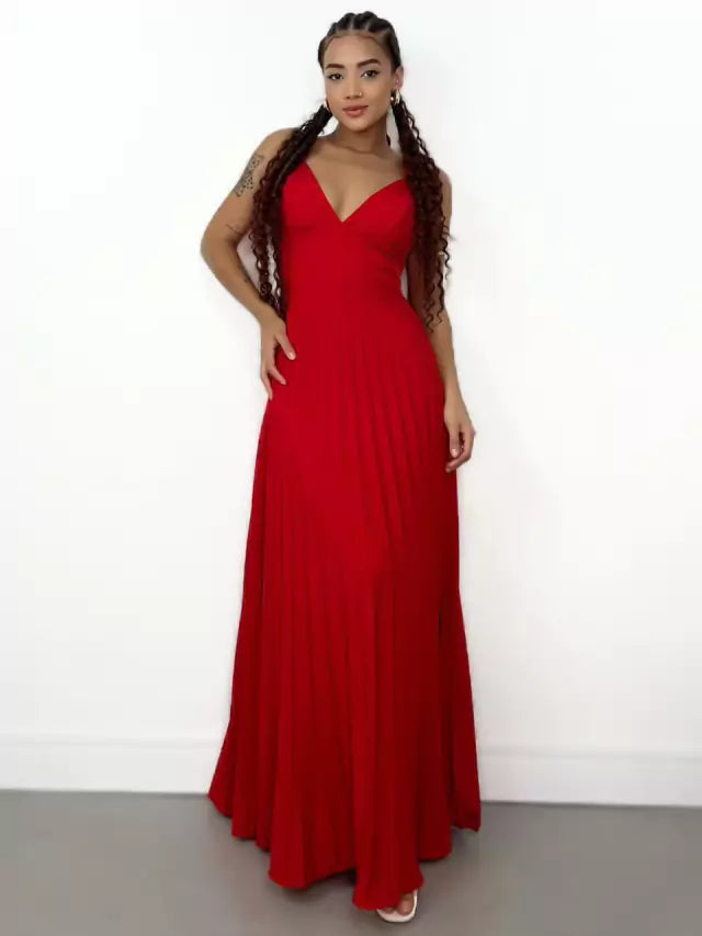 Vestido Feminino Longo em Crepinho Plissado com Amarração