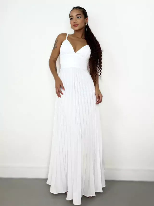 Vestido Feminino Longo em Crepinho Plissado com Amarração