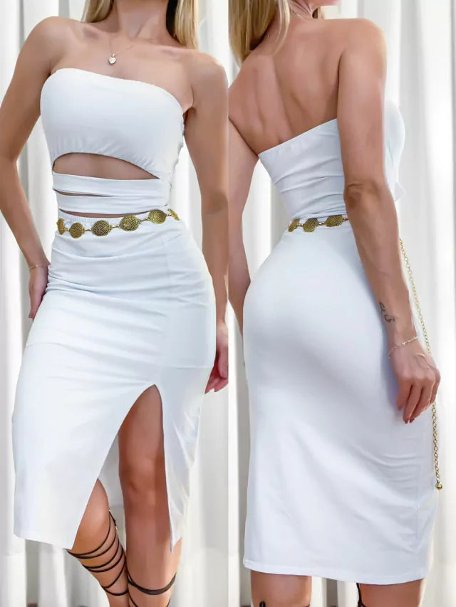 Vestido Feminino Midi em Poliamida sem Alça Recorte Triplo