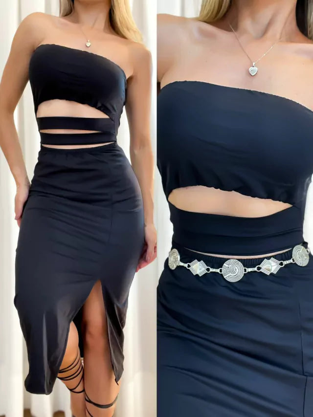 Vestido Feminino Midi em Poliamida sem Alça Recorte Triplo