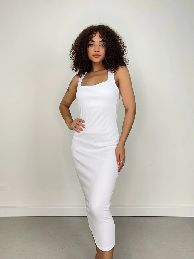 Vestido Feminino Midi em Ribana Decote Quadrado