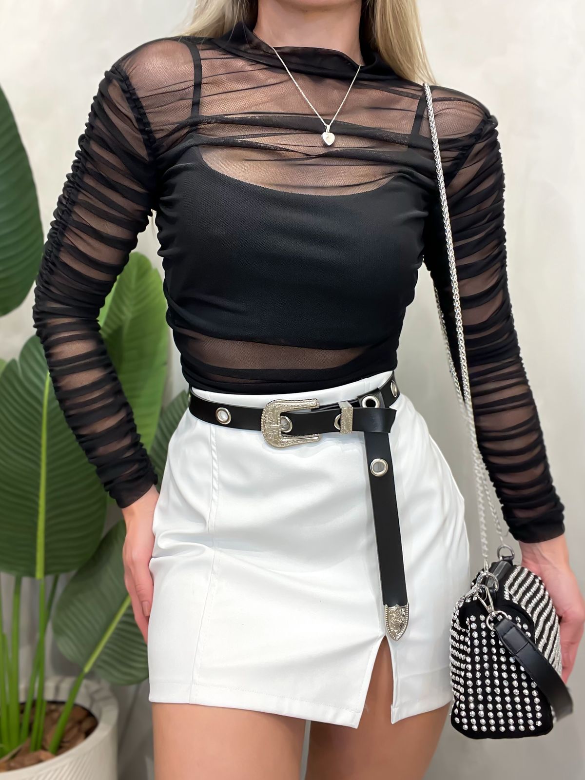 Body de Tule Manga Longa Plissado