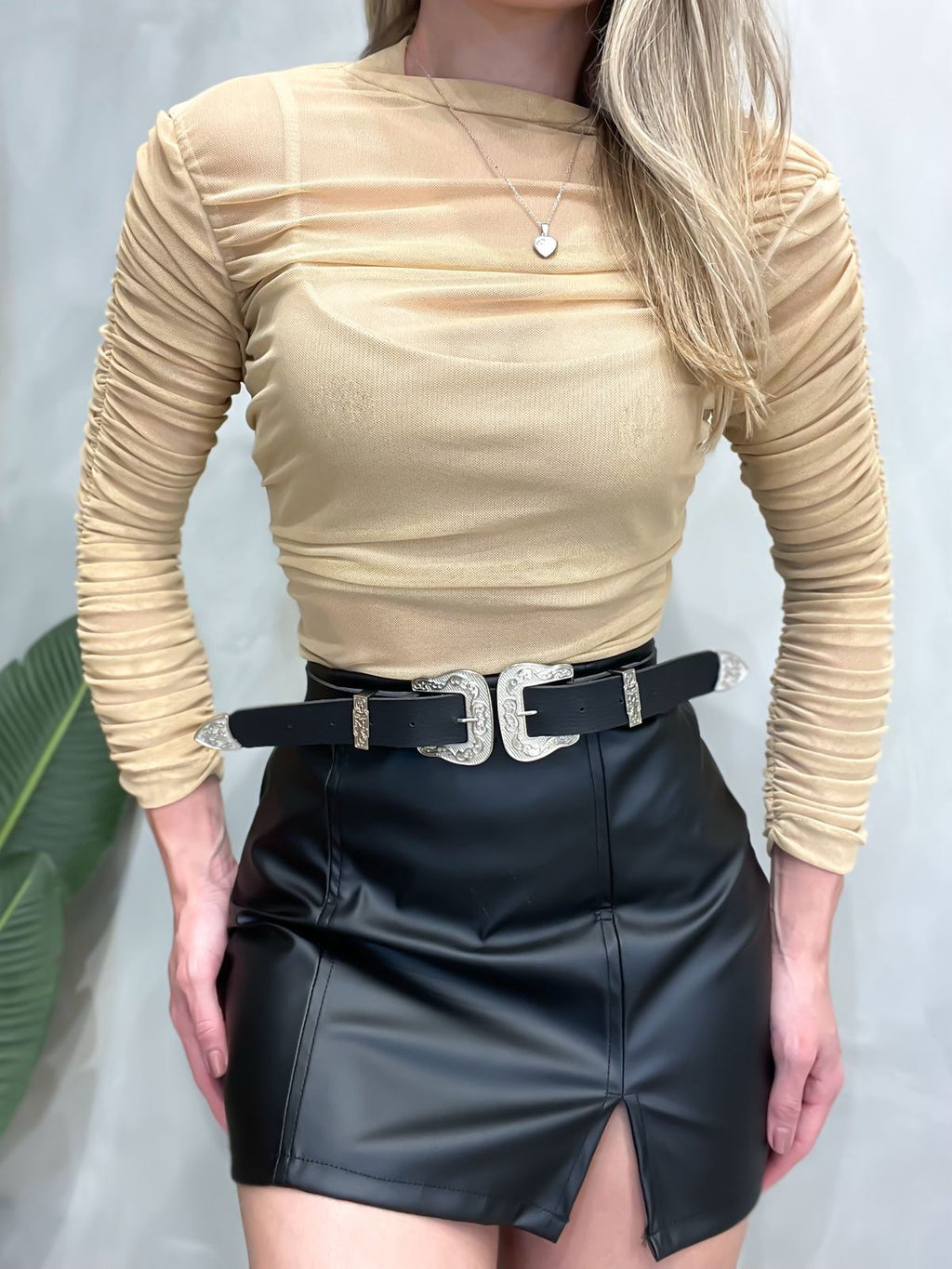 Body de Tule Manga Longa Plissado
