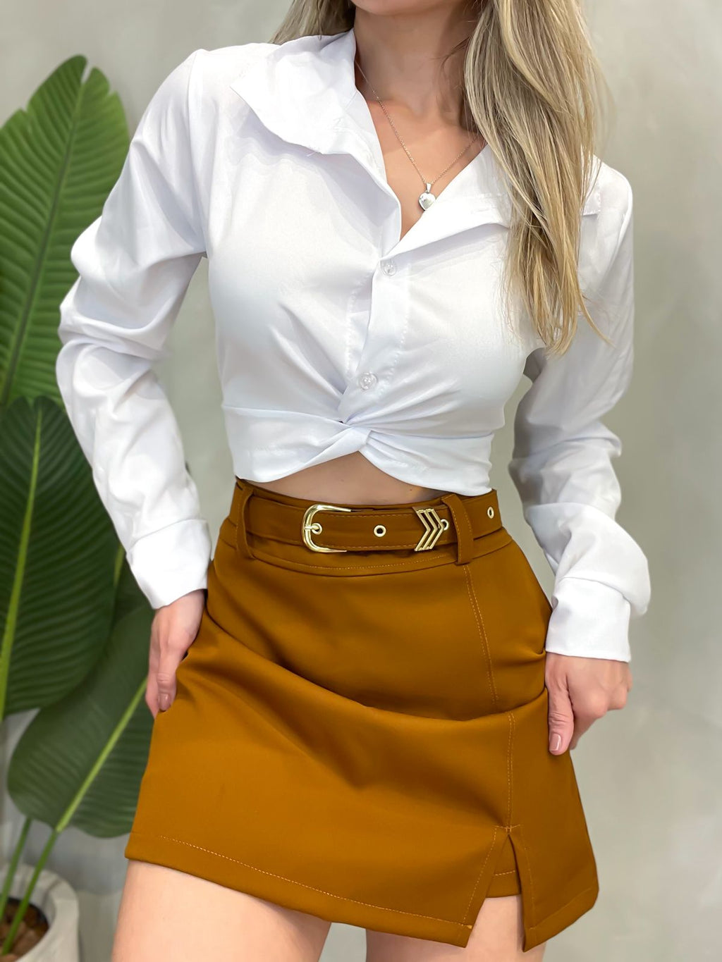 Camisa Cropped Manga Longa Transpassado com Amarração