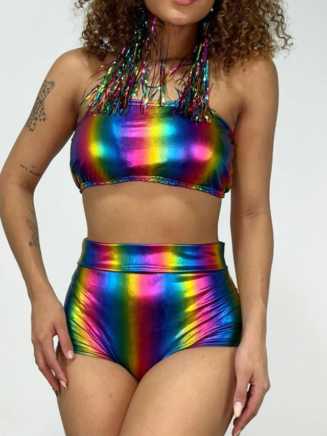 Conjunto Feminino Top Faixa e Hot Pants Metalizado