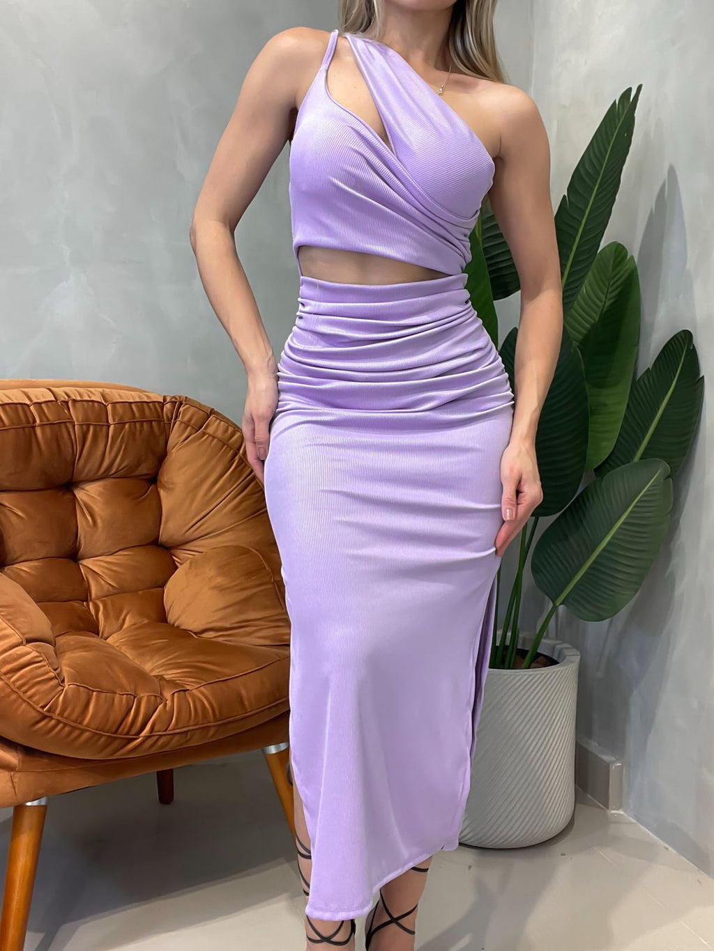 Vestido Longo em Ribana Ombro Único com Recorte